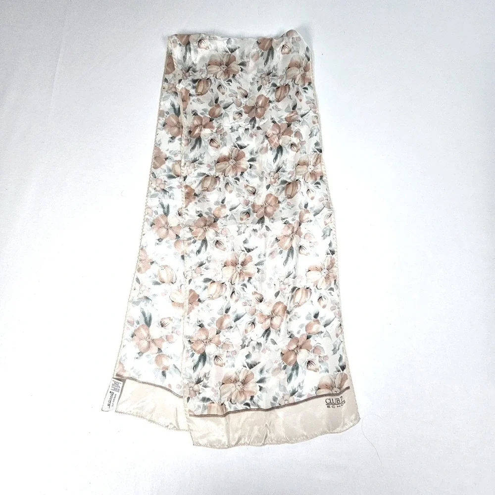 Echo Club 7 Scarf Womens Tan Pink Floral Silk Oblong Made in Japan Vintage Style